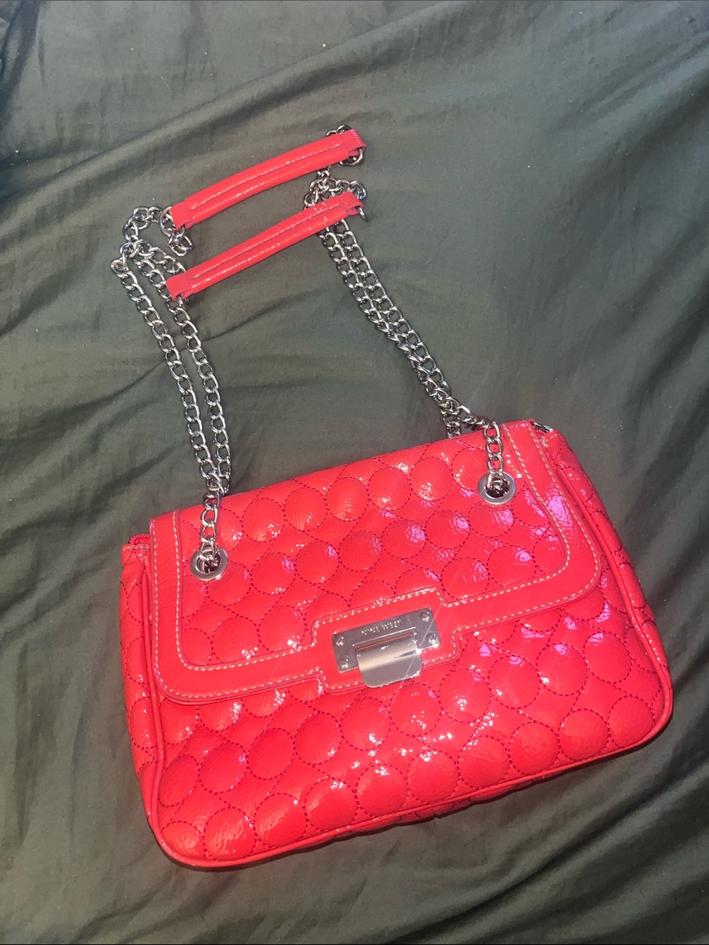 Red Quilted Patent Shoulder Bag with Chain Strap